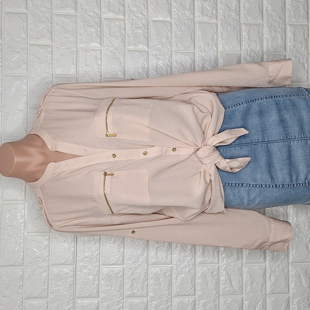 CALVIN KLEIN Light Pink Silky Sheer Long Sleeve Button Down with Gold Ha…